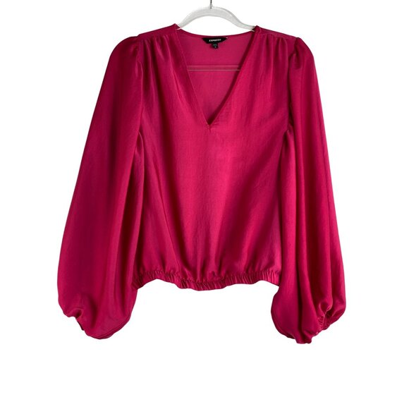 Express Fuchsia Pink V-Neck Puffy Sleeve Blouse Medium Gypsy Boho Barbie top y2k - Picture 1 of 6